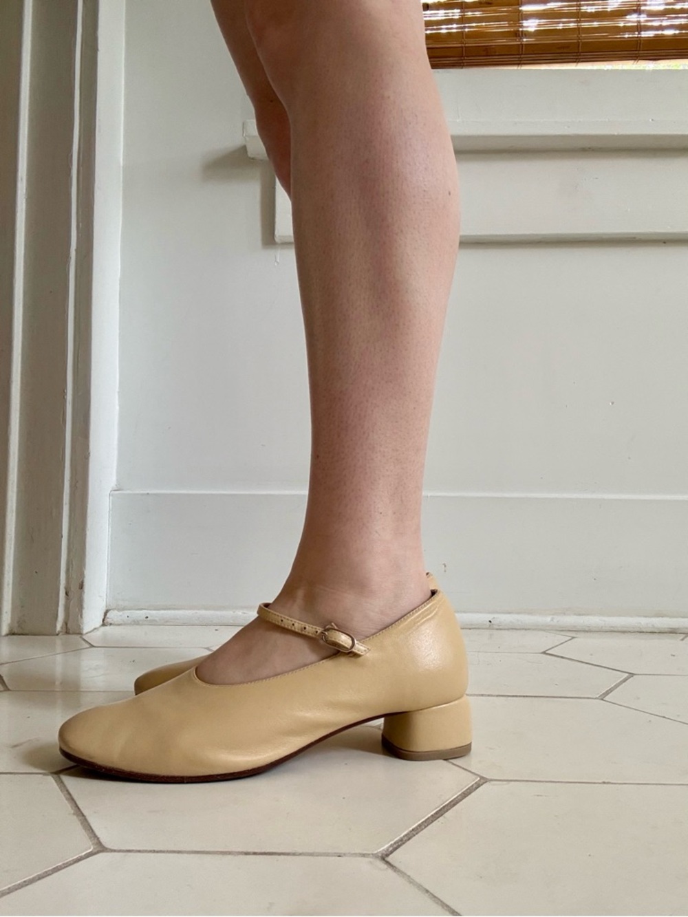 LOQ Beige Mary Jane Low Block Heel Pumps